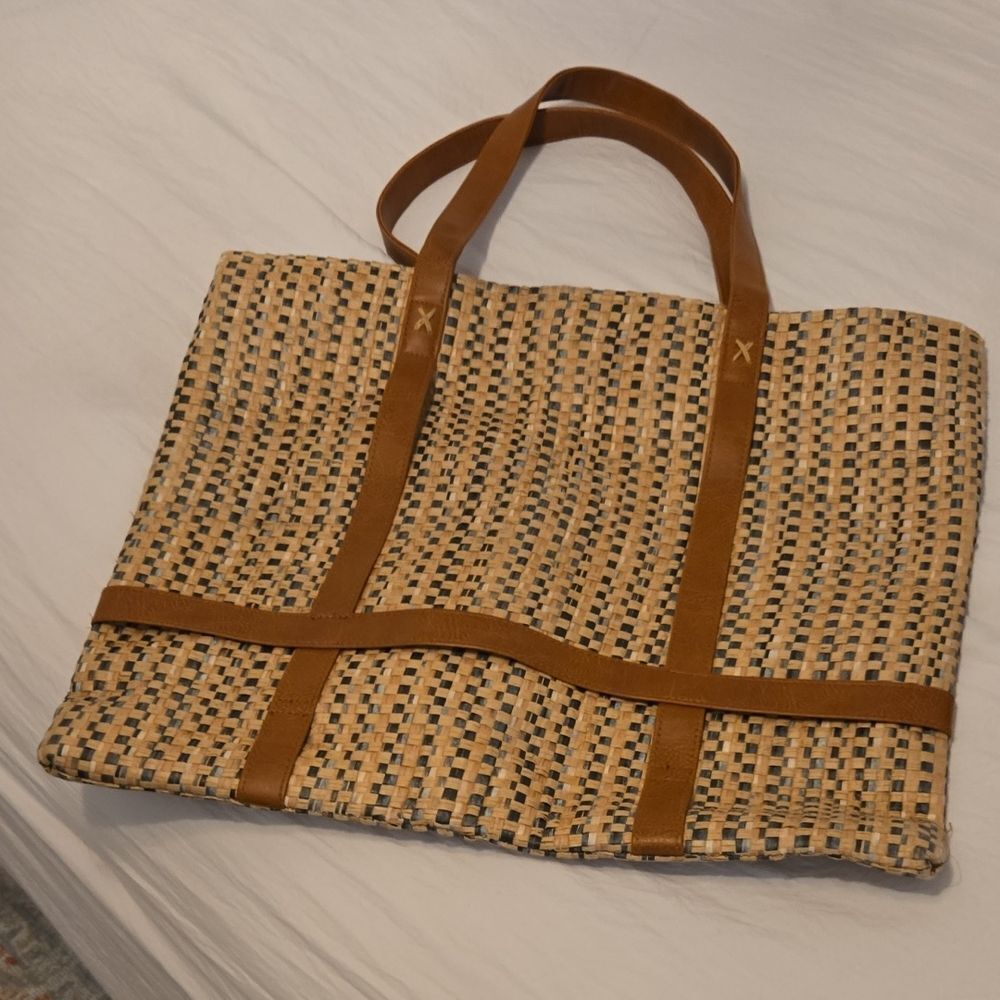 Panama Jack Natural Woven Tote with Tan Leather Straps